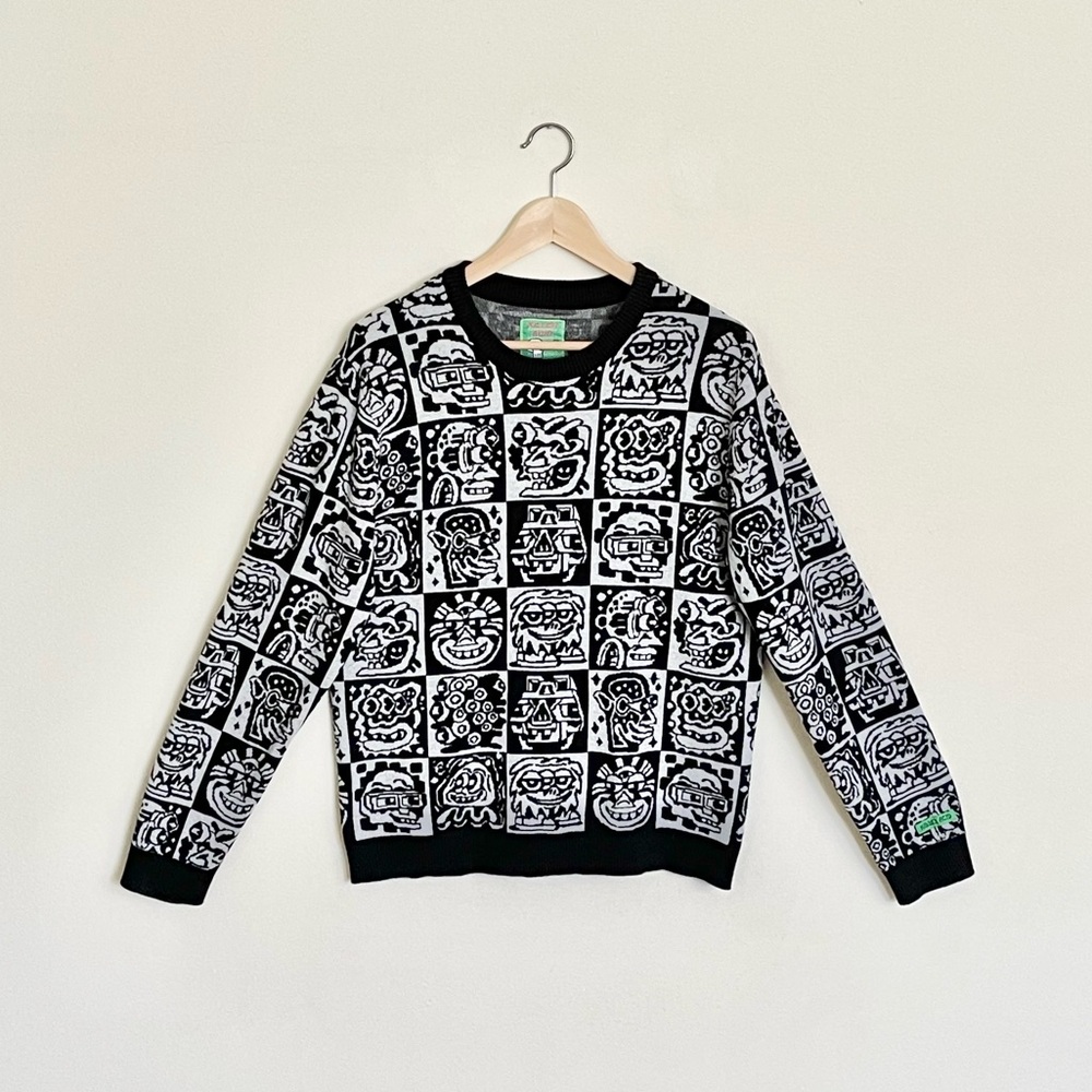 Killer Acid Heads Cartoon Faces Graphic Black & White Crewneck Sweater Men’s M